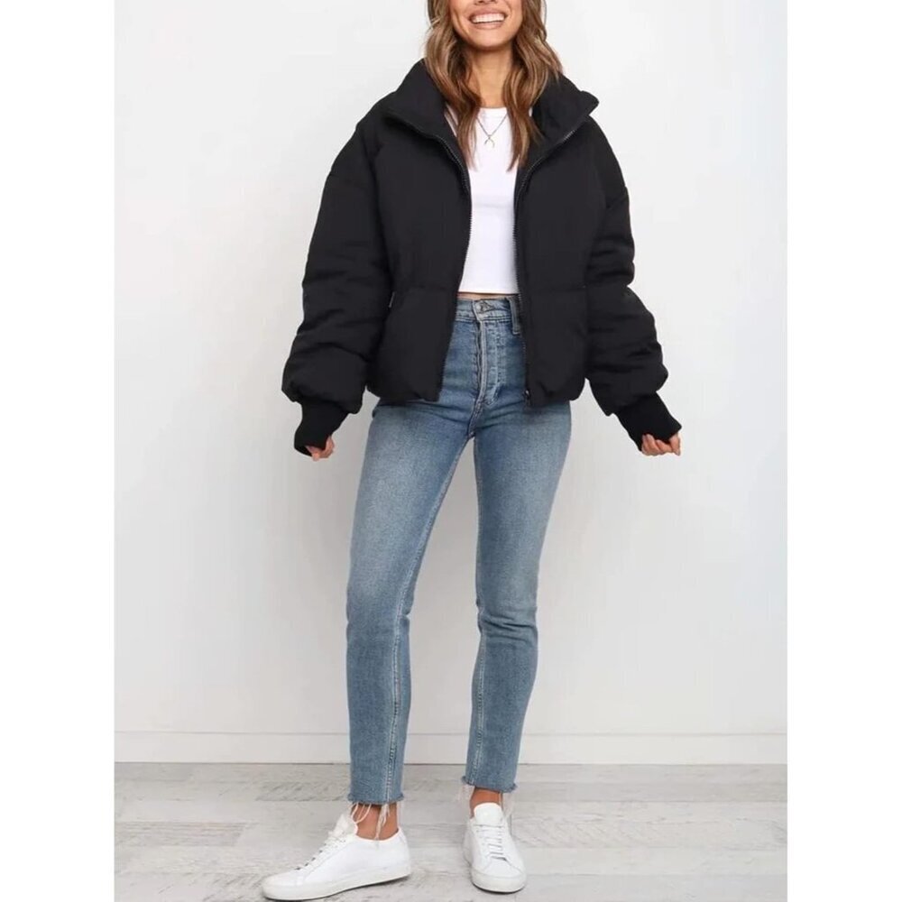 Women’s Black Winter Cropped Puffer Jacket Coat Short Warm Quilted Jacket